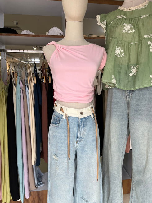 Women Rib Drawn-String Wide Leg Jeans